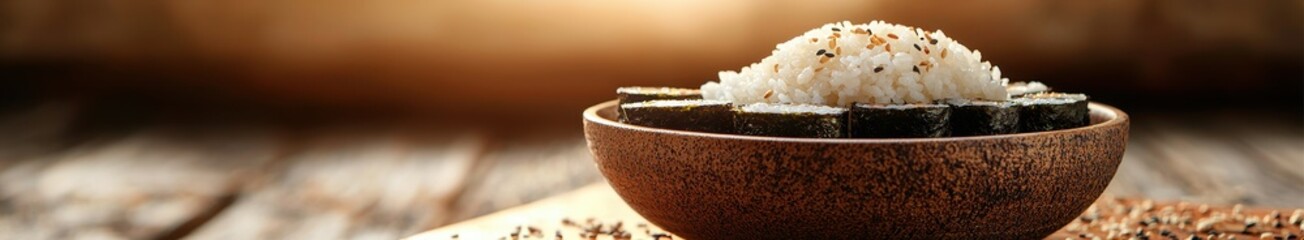 Sushi bowl with rice and seaweed rolls garnished with sesame seeds