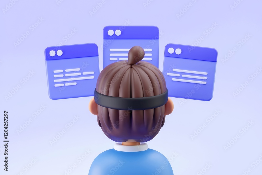 Poster A 3D cartoon person wearing a headband views multiple web pages simultaneously, showcasing multitasking and digital interaction.