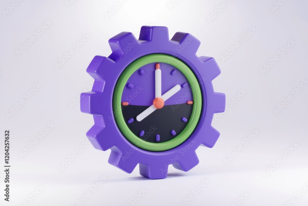 Poster a purple gear with a clock inside, symbolizing time management and workflow efficiency.