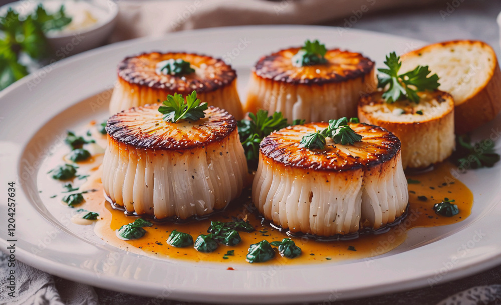 Poster a plate of food with five different types of food on it. the food is garnished with parsley and has 
