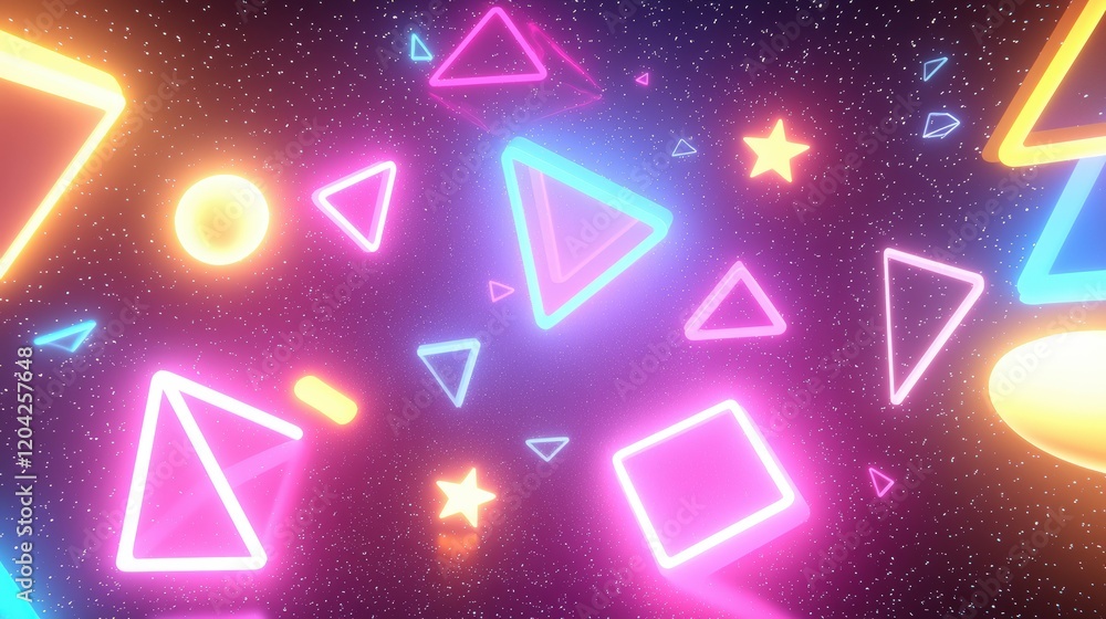 Poster glowing geometric shapes floating in space with soft neon colors