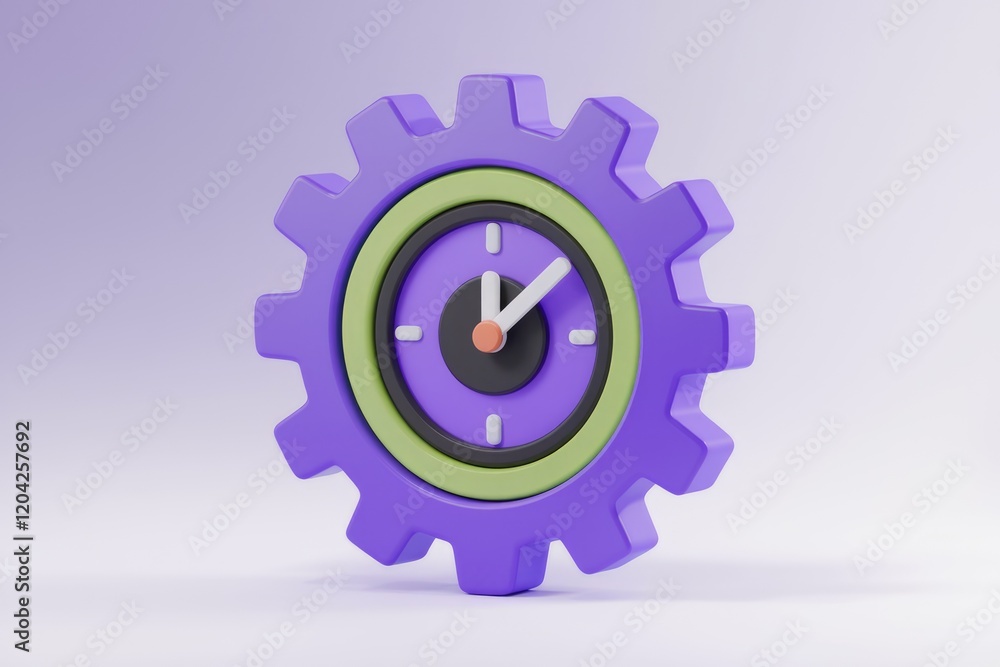 Poster a purple gear with a clock in the center, representing time management and efficiency.