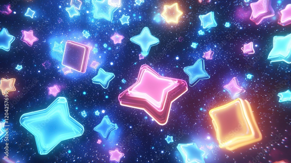 Poster glowing geometric shapes floating in deep space with vivid colors