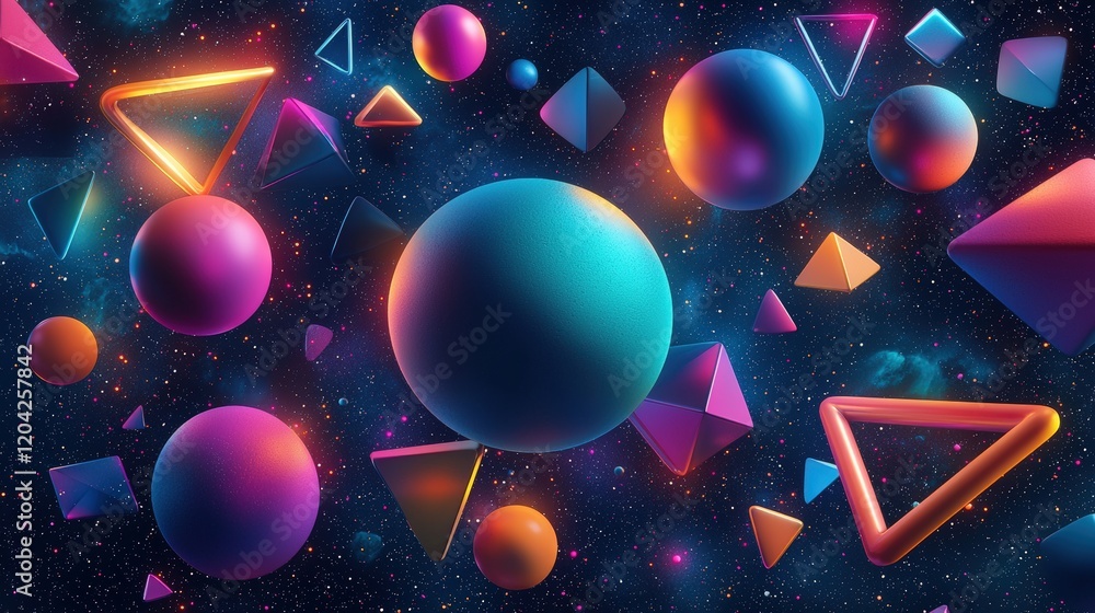Poster glowing geometric shapes floating in cosmic space with soft lighting