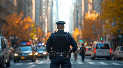 A police officer stands confidently in uniform, overseeing the bustling street filled with vehicles and surrounded by colorful autumn trees. The cityscape glimmers in the background