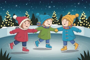 Fototapeta premium Three children ice-skating joyfully at night under twinkling Christmas lights.
