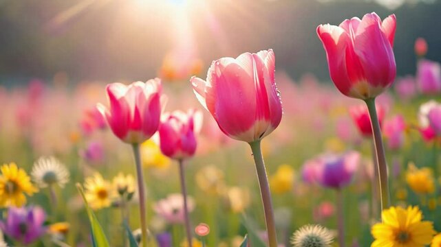 bright sunny day in may with tulip field in various colors, spring flower field with pink tulips . Various colors wildflowers in sunlight