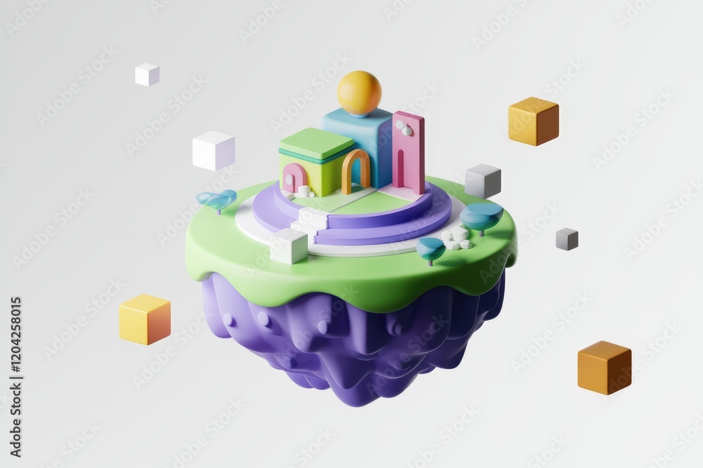 Aufkleber a whimsical 3d render of a colorful island with miniature buildings and vibrant elements.