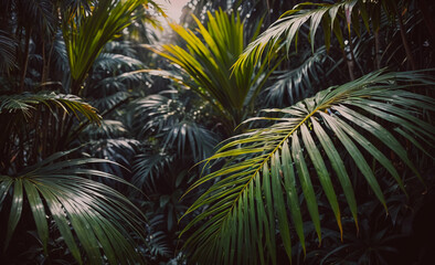A lush green jungle with palm trees and leaves. The leaves are green and the sunlight is shining through the trees
