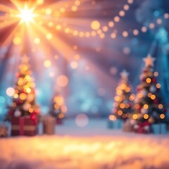 Festive bokeh Christmas trees, gifts, snow.