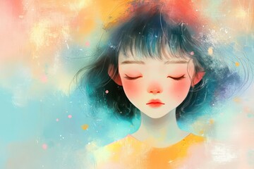 A shy character with a blushing face, avoiding eye contact, surrounded by soft pastel colors in a gentle background.