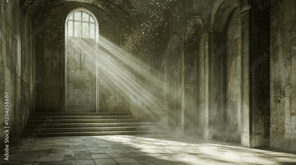 Poster ethereal floating particles of dust in a light beam within a room