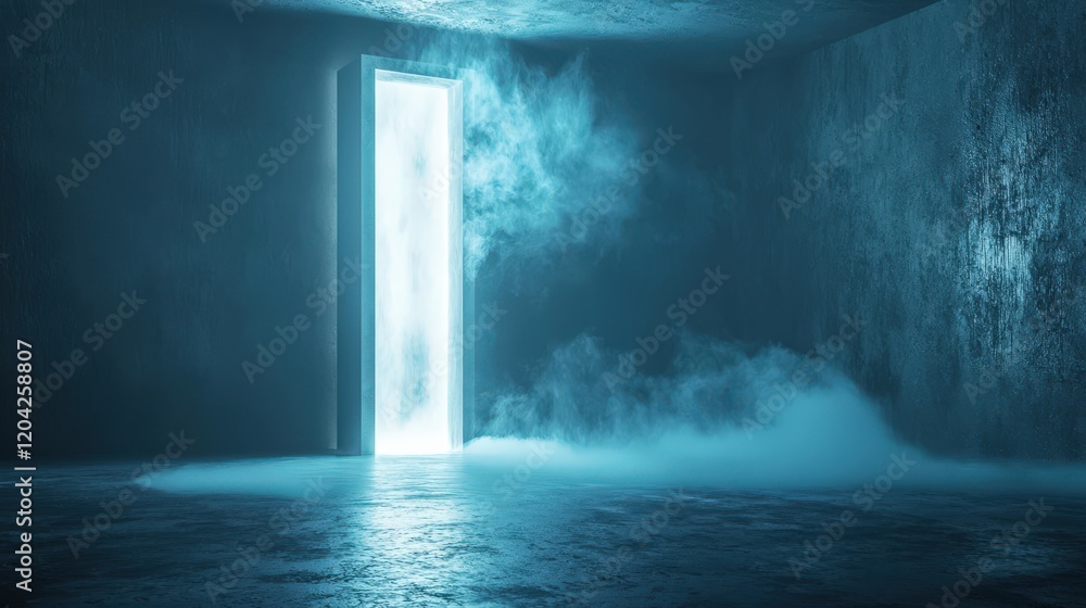 Poster ethereal glow of floating dust particles in light beam from open door