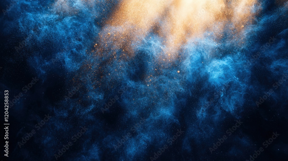 Poster floating dust particles glowing in a beam of light in 3d visualization