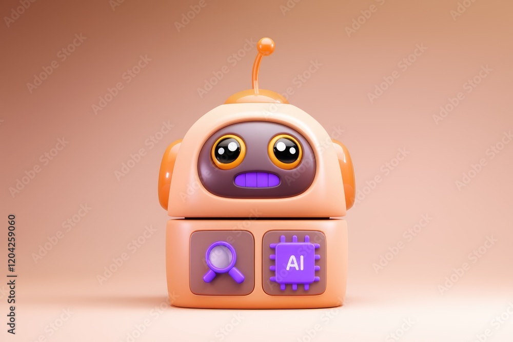 Aufkleber Cute cartoon robot with AI and search icons, representing artificial intelligence and search functionality.
