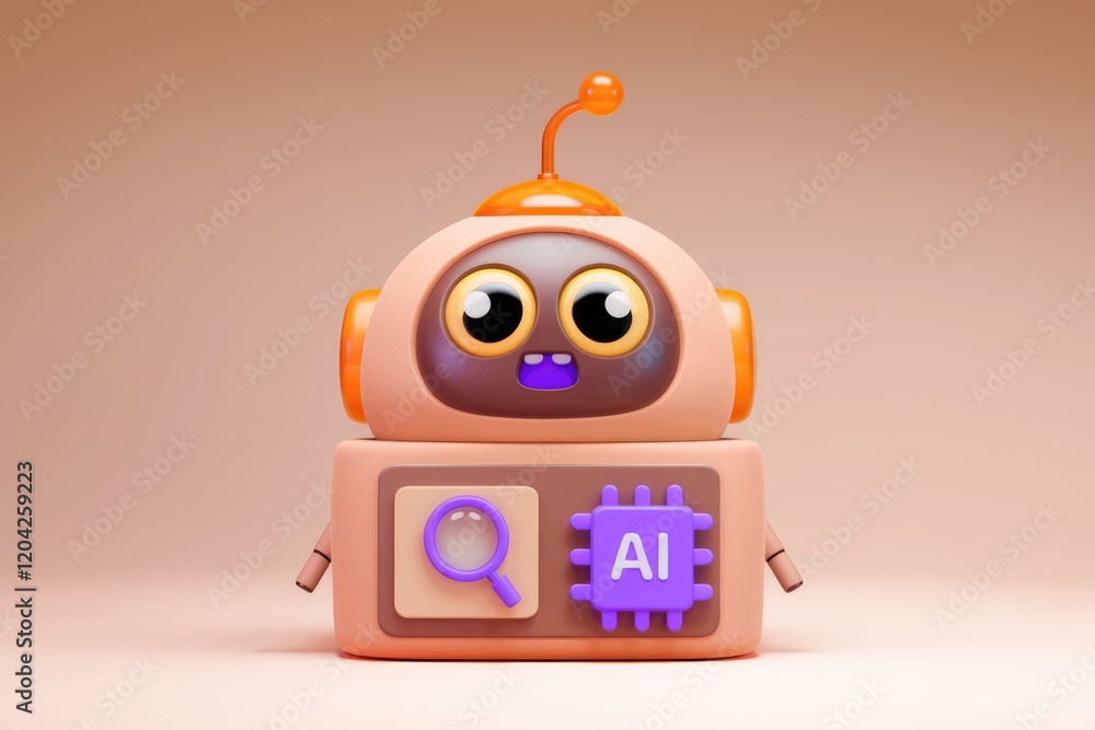 Poster Cute AI robot with a magnifying glass and AI chip, symbolizing intelligent search.