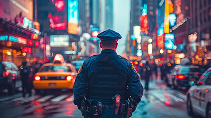 A police officer in uniform stands vigilant in Times Square, overseeing the crowd amidst glowing billboards and rain-soaked streets. The evening buzzes with energy and lights