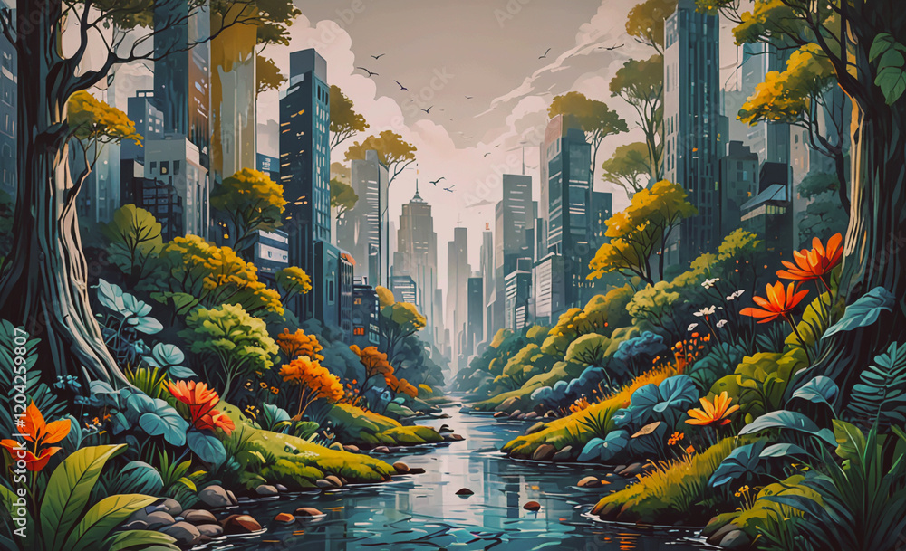 Poster a painting of a city with a river running through it. the city is surrounded by trees and the sky is