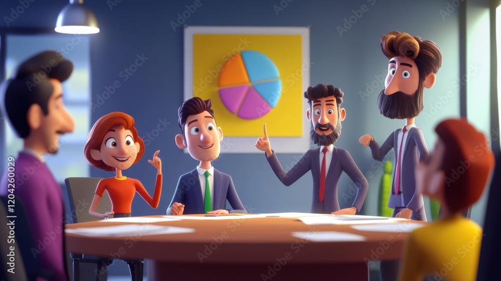 Poster cartoon style meeting with a group of animated characters around a conference table, one character p