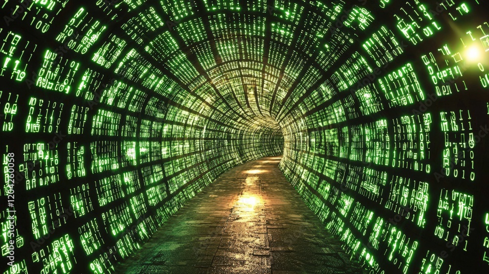Aufkleber futuristic 3d digital matrix tunnel with flowing green code illumination