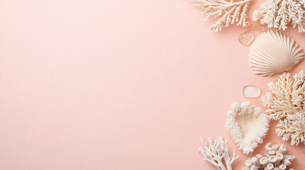 beautiful arrangement of white coral and seashells on soft pink background, evoking serene coastal vibe. Perfect for beach themed designs or decor