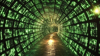 Futuristic 3D Digital Matrix Tunnel with Flowing Green Code Illumination