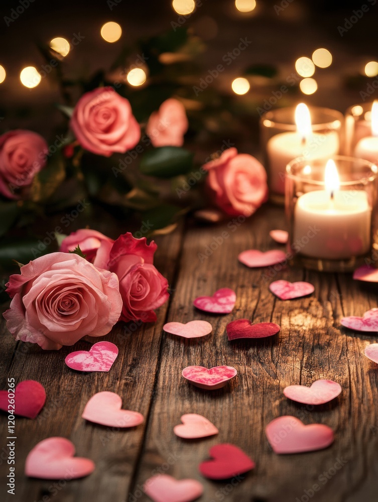 Poster romantic setting with pink roses and heart decorations on wooden table with flickering candles and s