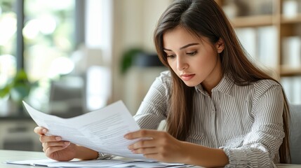 Young asian female reviewing documents at a desk in a modern office