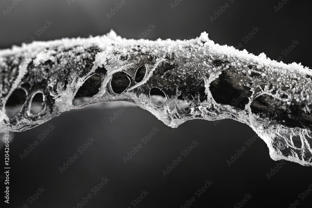 Aufkleber frost-covered branch with ice formations creating intricate patterns and holes.