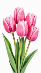 Obraz premium Bouquet of pink tulips isolated on white background. Still life, wedding day, spring, valentines day, easter, birthday, mothers day, international womens day decoration. Vertical card or backdrop