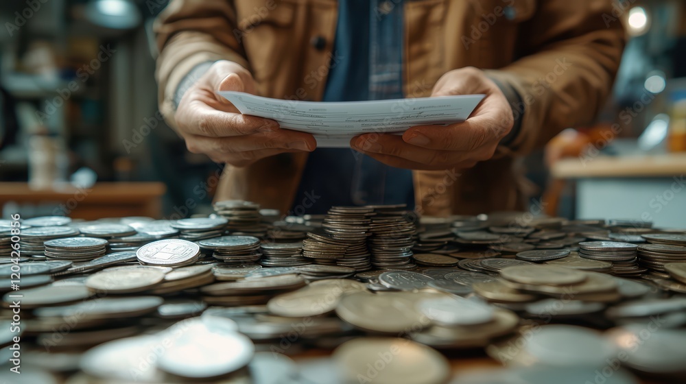Poster man counting coins in workshop filled with stacks of money