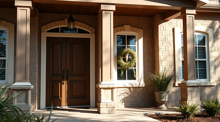 Elegant Home Exterior: Brick Facade, Grand Entrance, and Landscaping