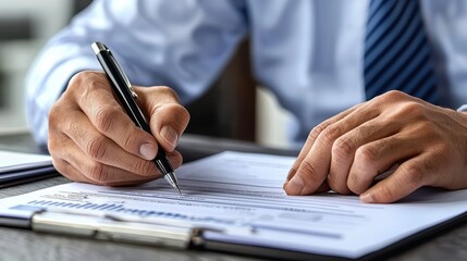 Fototapeta premium Close-up of adult male hands signing contract with pen on desk