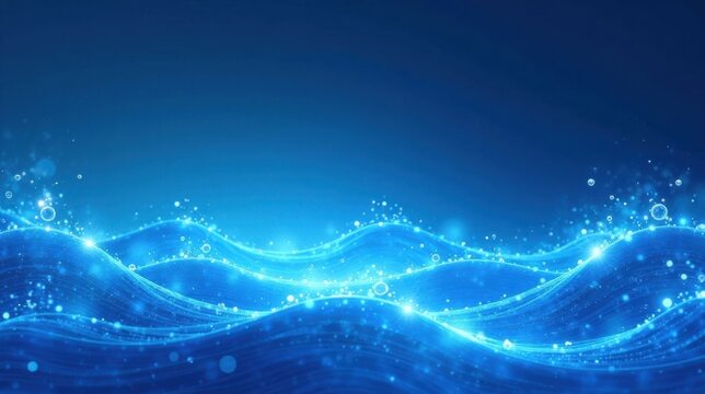 Abstract Serene Blue Water Waves with Glimmering Particles and Bubbles, Ideal for Background or Presentation Use