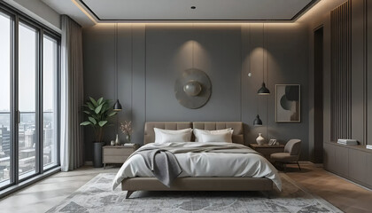 A room with a gray wall  modern bed room interior