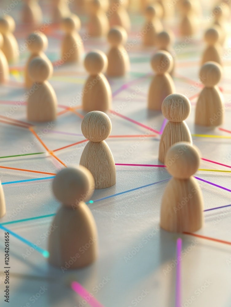 Aufkleber social networking concept with small human wooden figures on light surface connected by colorful lin
