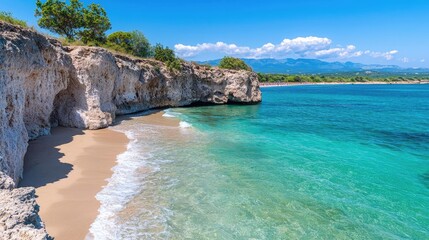 Secluded cove beach, turquoise water, sunny day, mountains backdrop; travel, vacation