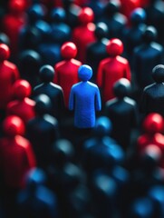 Obraz premium leader stands out among crowd, symbolizing motivation and career growth. blue figure represents guidance, while red figures signify teamwork and collaboration