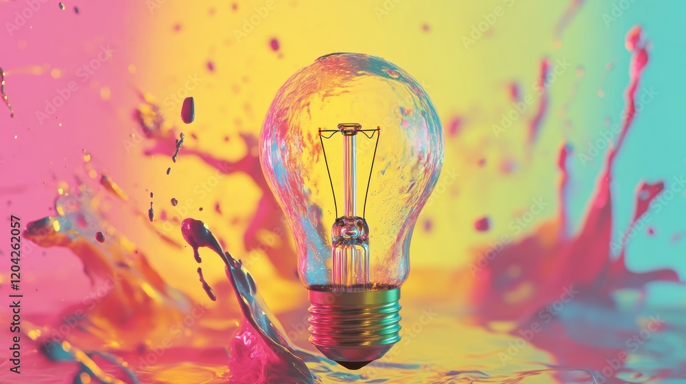 Poster creative light bulb explodes with colorful paint and colors on light background. color splash in bul