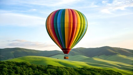 Obraz premium Vibrant Hot Air Balloon Soaring Over Lush Green Hills