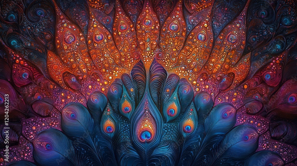 Poster Captivating patterns flow in a mesmerizing display of vivid colors, mimicking the beauty of peacock feathers. Each detail dances with layers of intricate artistry, evoking a sense of wonder