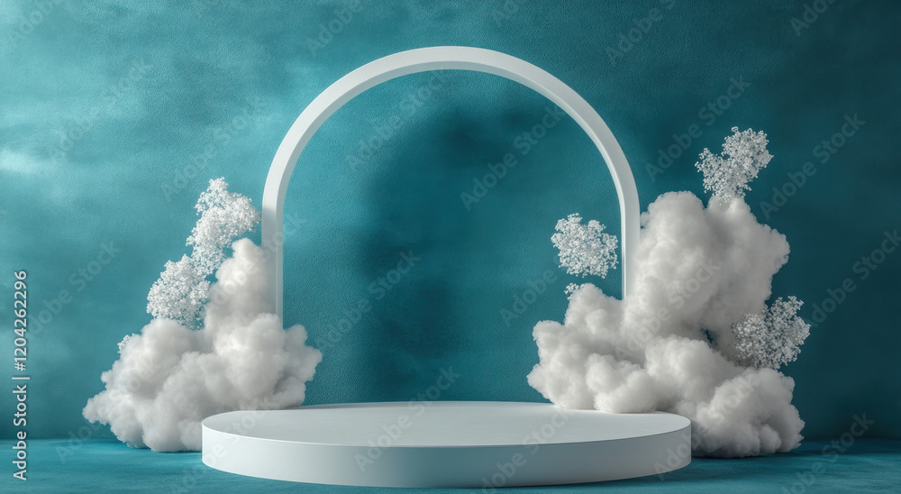 Poster white clouds delicately flank a smooth, circular platform with a minimalistic arch above it, set aga