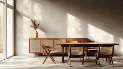 Sunlit minimalist dining room, wooden furniture, textured wall, design mockup