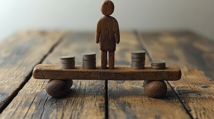 Wooden figure balancing wealth on rustic seesaw