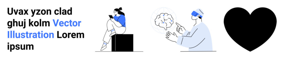 Woman with smartphone on a cube, person with VR headset at a desk, large black heart. Ideal for technology, communication, creativity, healthcare, VR, digital transformation and design themes