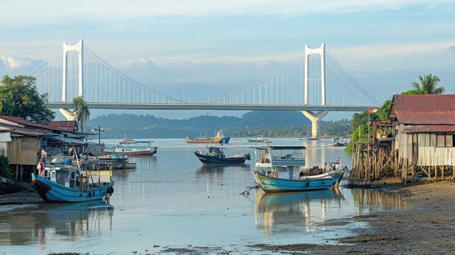 Kendari, Indonesia - December 05 2020: Kendari Bay Bridge (Jembatan Teluk Kendari) is a bridge that connecting the Kota Lama port area with the Bungkutoko Island side