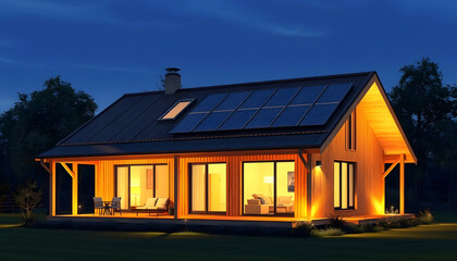 Obraz premium Illuminated wooden prefabricated house in the evening with a sustainable and self-sufficient energy concept with photovoltaic and solar thermal collectors, color sketch, with white tones