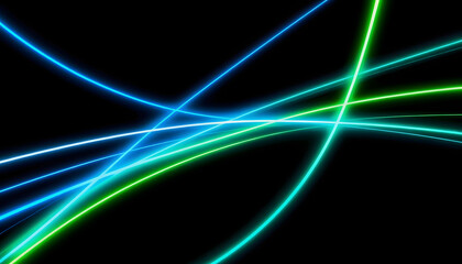 Dynamic neon light streams with a futuristic glow, intersecting in a display of vibrant blue and green energy lines against a dark background, doodle art, with white tones