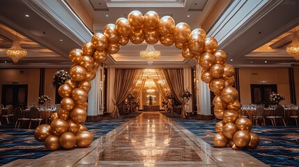 Fototapeta premium Golden balloon archway in elegant event venue.