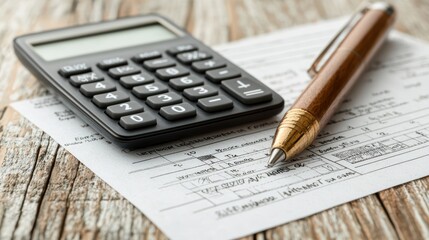 Obraz premium Calculator and pen on financial documents for budget planning and analysis